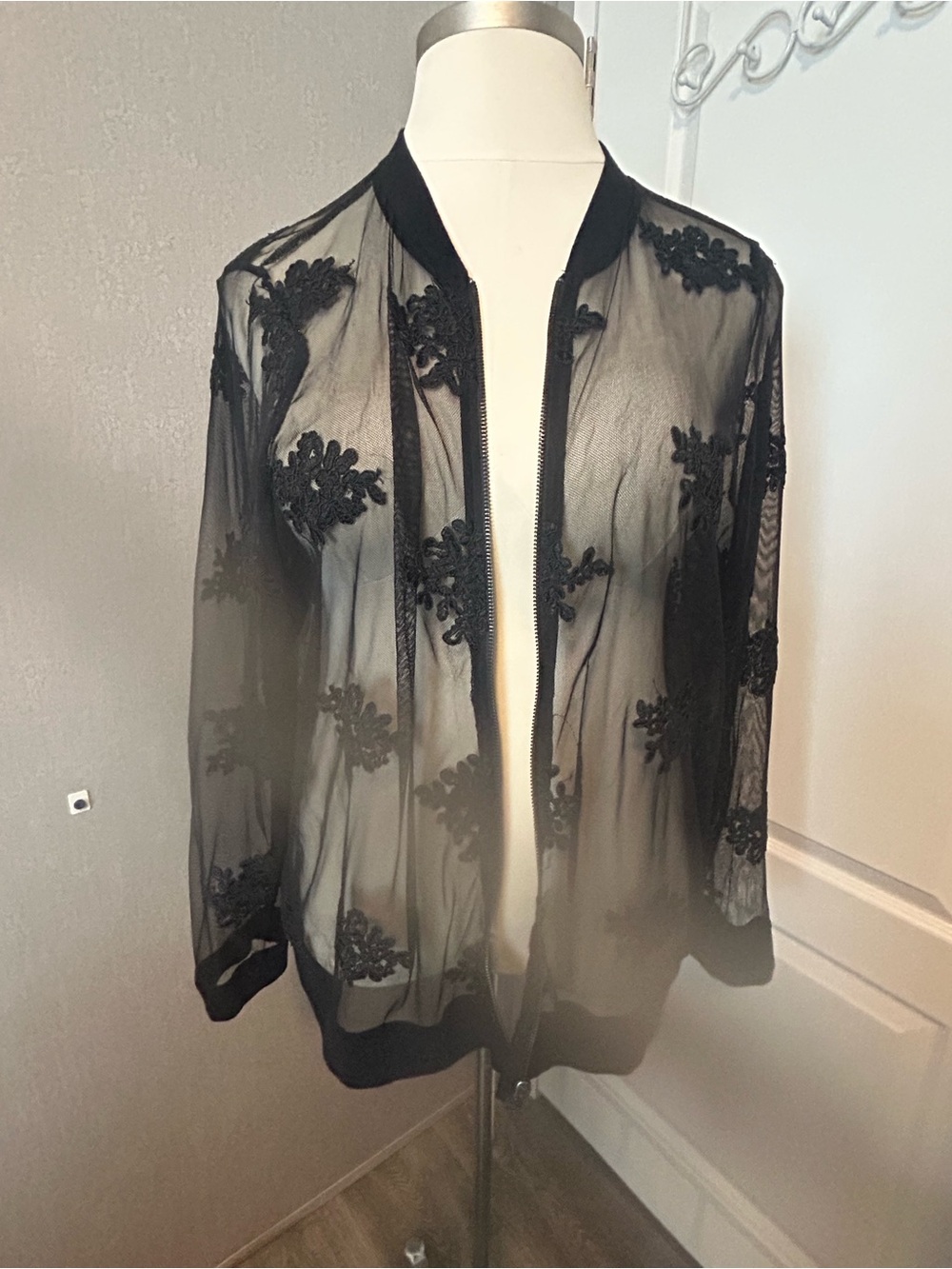Torrid Black Mesh Embroidered Floral Bomber Jacket.
